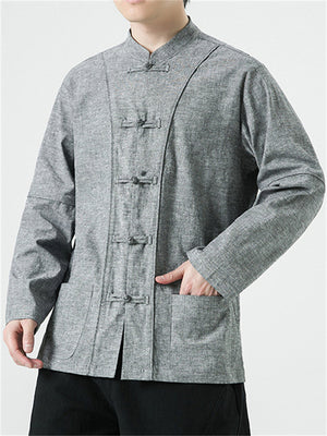 Men's Autumn Vintage Patchwork Cotton Linen Tang Suit Shirt