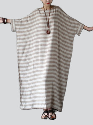 Relaxed Stripe Round Neck Cotton Linen Long Dress for Lady