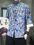 Multicolor Floral Printed Stand-Up Collar Shirt for Men