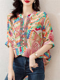 Colored Drawing Print V Neck Half Sleeve Rhinestone Shirt for Lady