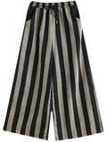 Retro Black Grey Stripes Cozy Linen Wide Leg Pants for Women