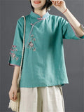 Chinese Ancient Style Floral Embroidery Knot Button Shirt for Women