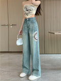 Female Stylish Chinese Style Embroidered Denim Trousers