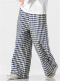 Men's Vintage Plaid Cotton Linen Wide Leg Trousers