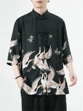 Chinese Style Knot Button Half Sleeve Flying Crane Print Shirt