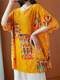 Ethnic Totem Print Round Neck Short Sleeve Shirt for Women