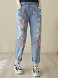 Ladies Casual Ripped Floral Print Denim Pants