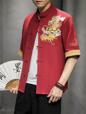 Chinese Style Hanfu Men's Golden Dragon Embroidery Knot Button Shirt