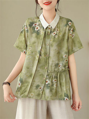 Elegant Daisy & Orange Print Lapel Pleated Shirt for Women