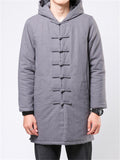 Men's Hooded Cotton Linen Mid-length Cotton Coats Solid Tang Suit