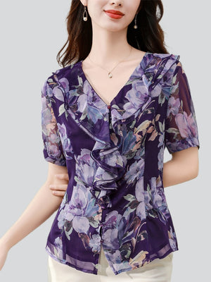 V-neck Ruffled Floral Chiffon Shirt for Women
