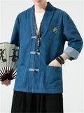 Men's Chinese Style Hanzi Embroidery 3/4 Sleeve Denim Shirt