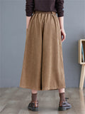 Simple Elastic Waist Corduroy Cropped Pants for Women