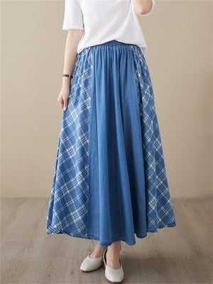 Women's Casual Plaid Patchwork Denim Pleated Skirt