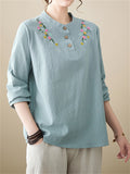 Women's Cute Flowers Embroidery Cotton Linen Long Sleeve Shirt