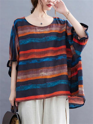 Women's Colorblocked Striped Relaxed Crew Neck Shirt