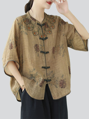 Female Chinese Style Rosewood Flower Pattern Vintage Shirt