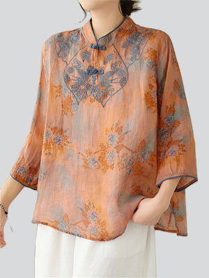 Female Retro Flying Swallow Peony Embroidery Linen Shirt