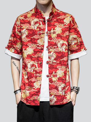 Men's Fashion Short-Sleeved Loong Printed Tang Suit Shirt