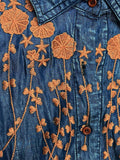 Women's Orange Leaf Embroidery Lapel Button Blue Denim Dress