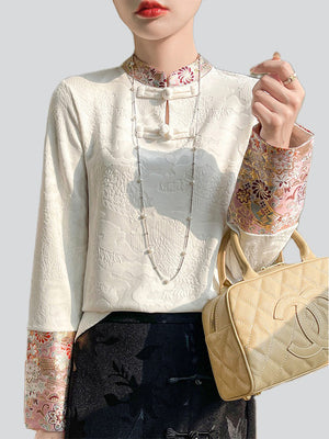 Spring Patchwork Stand Collar Long Sleeve Shirt for Women