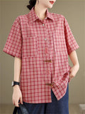 Cute Leaf Patch Button Up Lapel Retro Plaid Shirt for Women