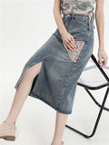 Women's Semicircle Embroidery Front Split Denim Skirts