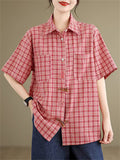 Cute Leaf Patch Button Up Lapel Retro Plaid Shirt for Women