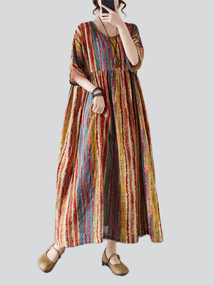 Round Neck Half Sleeve Striped Boho Dress for Women