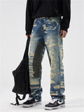 Men's Fake Ripped Print Street Straight-Leg Jeans