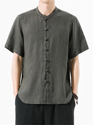 Men's Summer Plain Linen Stand Collar Button Up Shirt