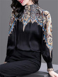 Women's Elegant Print Round Neck Puff Sleeve Black Shirt