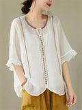 Ethnic Style Round Neck Ruffle Sleeve Transparent Shirt for Women