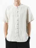 Men's Summer Plain Linen Stand Collar Button Up Shirt