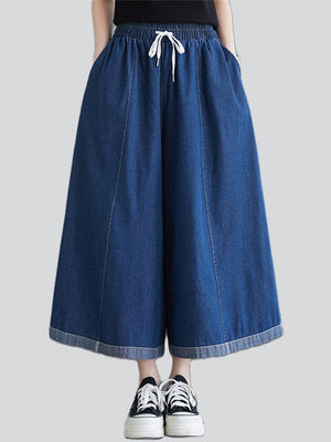 Female Simple Blue Big Size Wide Leg Denim Pants