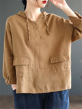 Plain Cotton Linen Long Sleeve Hooded Shirt for Women