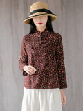 Women's Mini Floral Print Vintage Stand Collar Linen Shirt