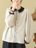 Lady Elegant Sweet Lantern Sleeve Contrast Color Shirt