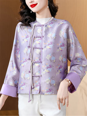 Female Elegant Tassel Button Chrysanthemum Print Jacket