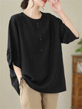 Women's Decorative Button Round Neck Relaxed Pullover Shirt