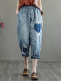 Fish Embroidery Cozy Fit Denim Cropped Pants for Women