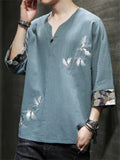 Men's Retro White Crane Embroidery V Neck 3/4 Sleeve Shirt