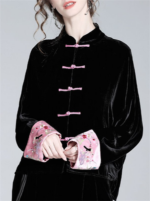 Ladies Luxury Black Velvet Stand Collar Tang Suit Shirt
