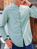 Male Linen Cotton Slim Fit Banded Collar Long Sleeve Shirt