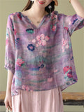 Beautiful Plum Blossom Print V Neck Short Sleeve Shirt for Women