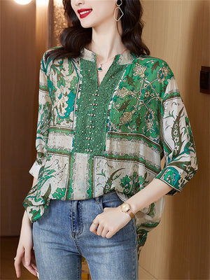 Women's Ethnic Style Green Leaf Print V Neck Half Sleeve Shirt