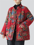 Women's Country Style Stand Collar Rose Print Red Cotton Coat