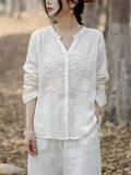 V-Neck Button Up Long Sleeve Embroidery Linen Shirt for Women