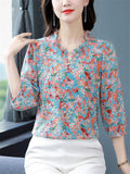 Elegant Ruffled Collar 3/4 Sleeve Floral Pattern Shirt for Women