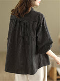 Female Popular Cotton Linen Button Up Pocket Striped Shirts